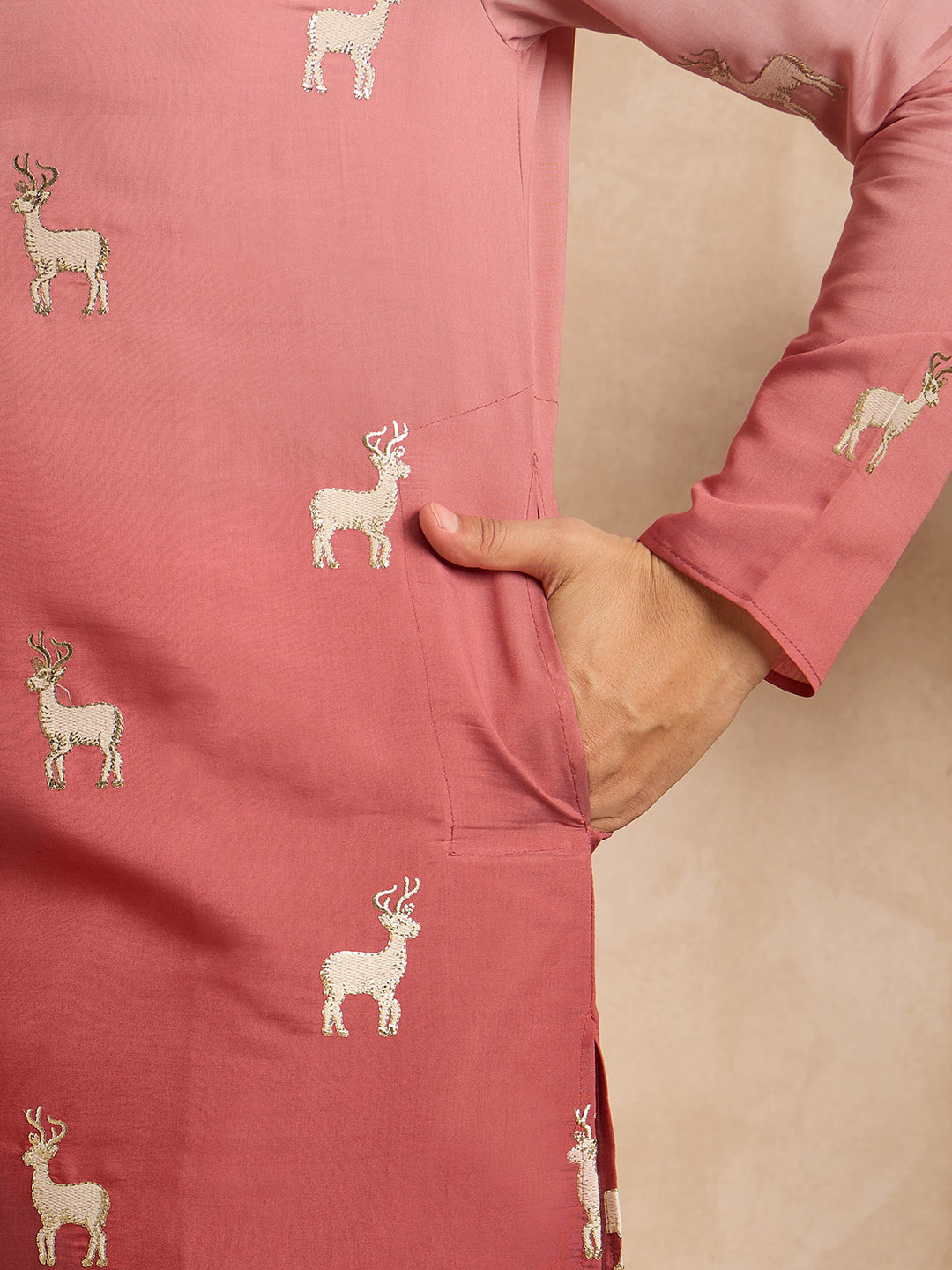 Ethnic Bay Men Red Silk Blend Ombre Embroidered Straight Kurta Sets