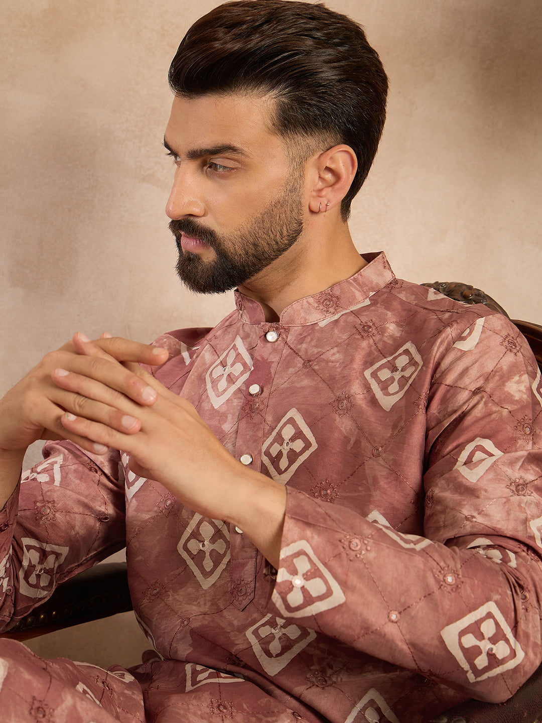 Ethnic Bay Men Brown Cotton Solid Embroidered Straight Kurta Sets