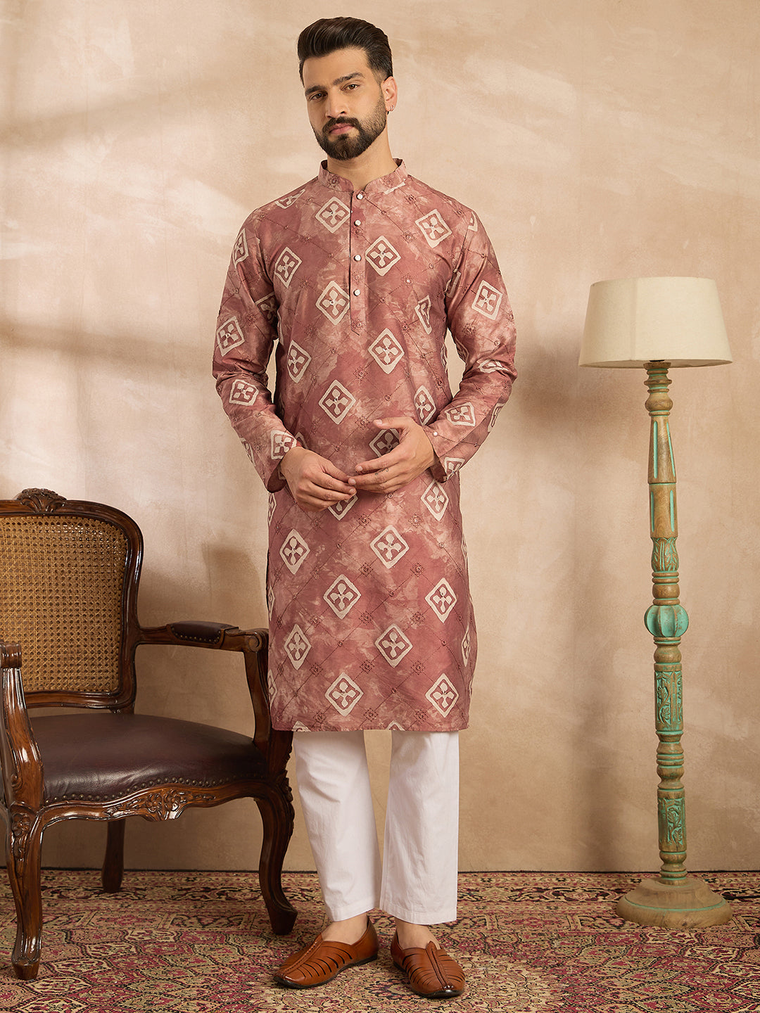 Ethnic Bay Men Brown Cotton Solid Embroidered Straight Kurta Sets