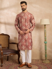 Ethnic Bay Men Brown Cotton Solid Embroidered Straight Kurta Sets-MKSET1825