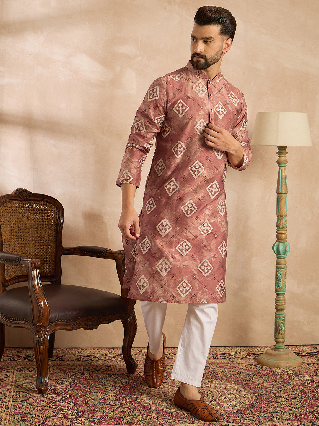 Ethnic Bay Men Brown Cotton Solid Embroidered Straight Kurta Sets