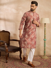 Ethnic Bay Men Brown Cotton Solid Embroidered Straight Kurta Sets-MKSET1825