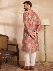 Ethnic Bay Men Brown Cotton Solid Embroidered Straight Kurta Sets-MKSET1825