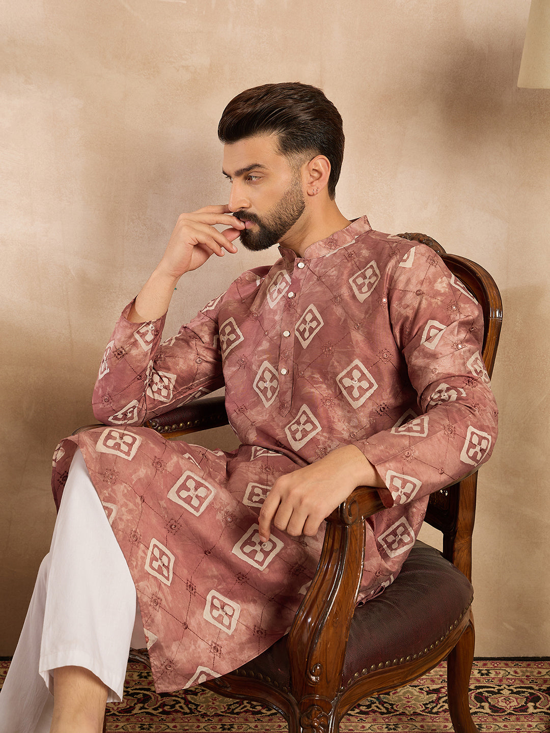Ethnic Bay Men Brown Cotton Solid Embroidered Straight Kurta Sets