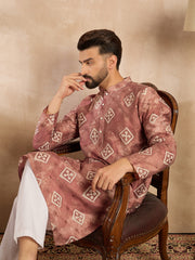 Ethnic Bay Men Brown Cotton Solid Embroidered Straight Kurta Sets-MKSET1825