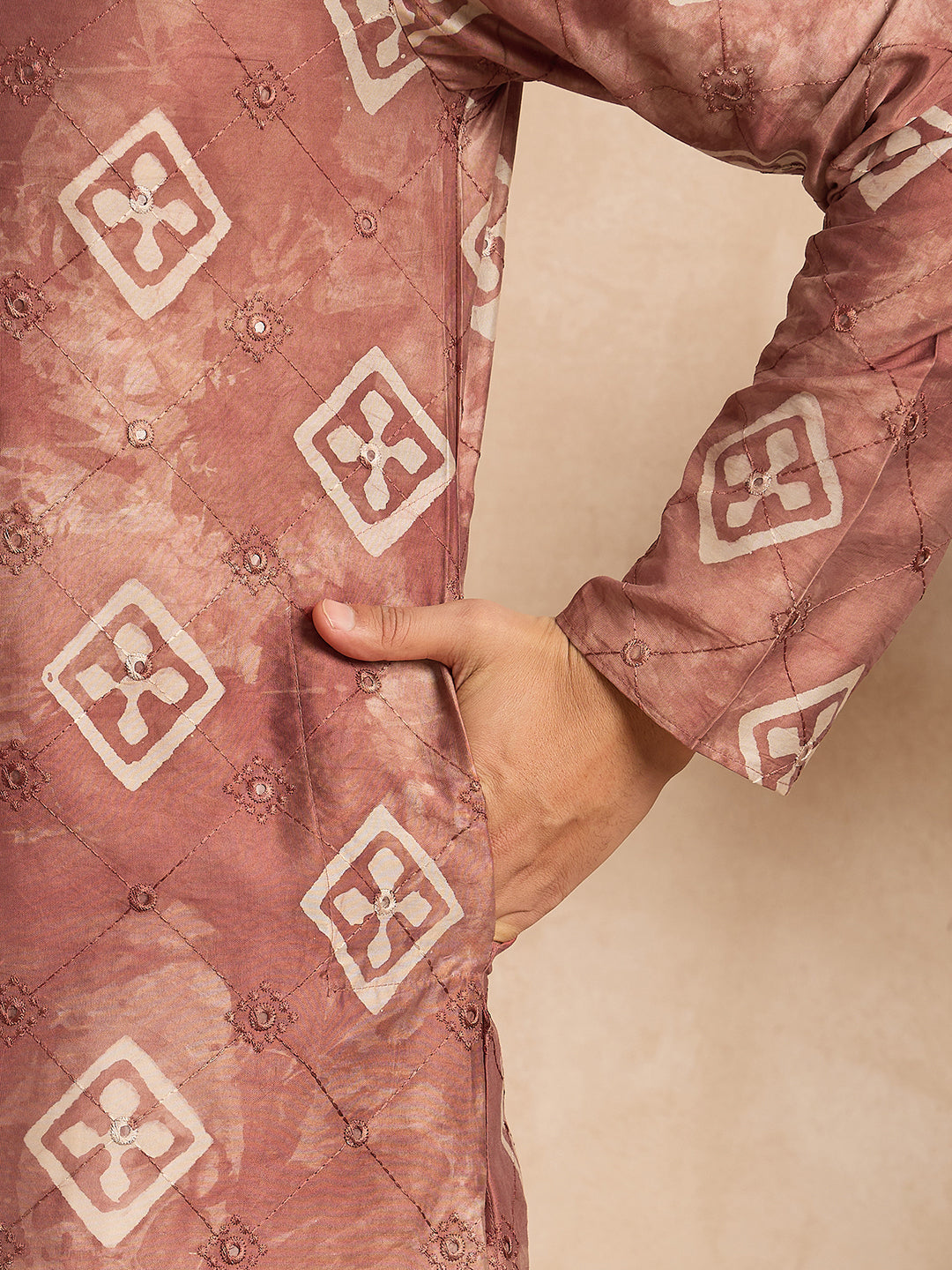 Ethnic Bay Men Brown Cotton Solid Embroidered Straight Kurta Sets