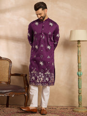 Ethnic Bay Men Purple Polyester Solid Embroidered Straight Kurta Sets-MKSET1834