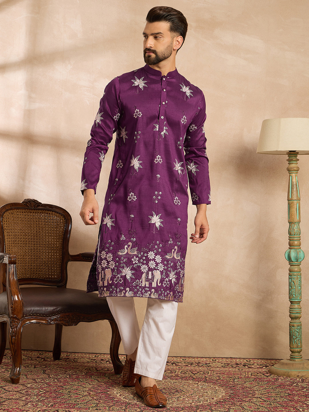 Ethnic Bay Men Purple Polyester Solid Embroidered Straight Kurta Sets