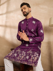 Ethnic Bay Men Purple Polyester Solid Embroidered Straight Kurta Sets-MKSET1834