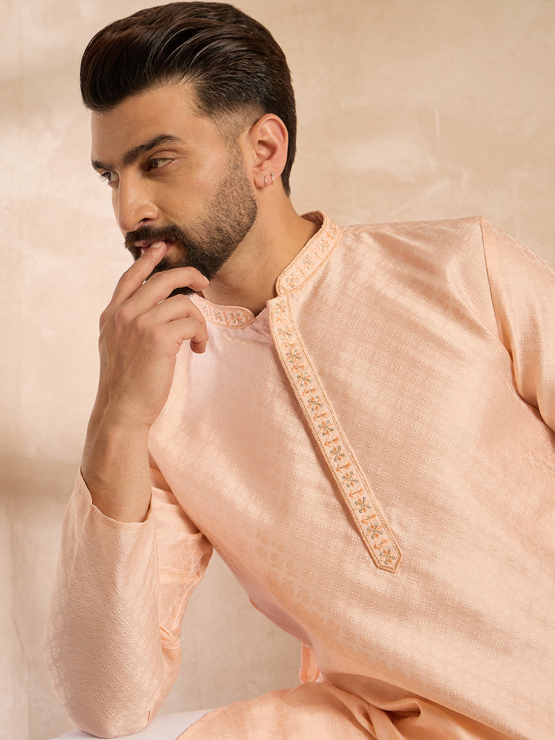 Ethnic Bay Men Peach Polyester Solid Embroidered Straight Kurta Sets-MKSET1836