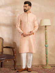 Ethnic Bay Men Peach Polyester Solid Embroidered Straight Kurta Sets-MKSET1836
