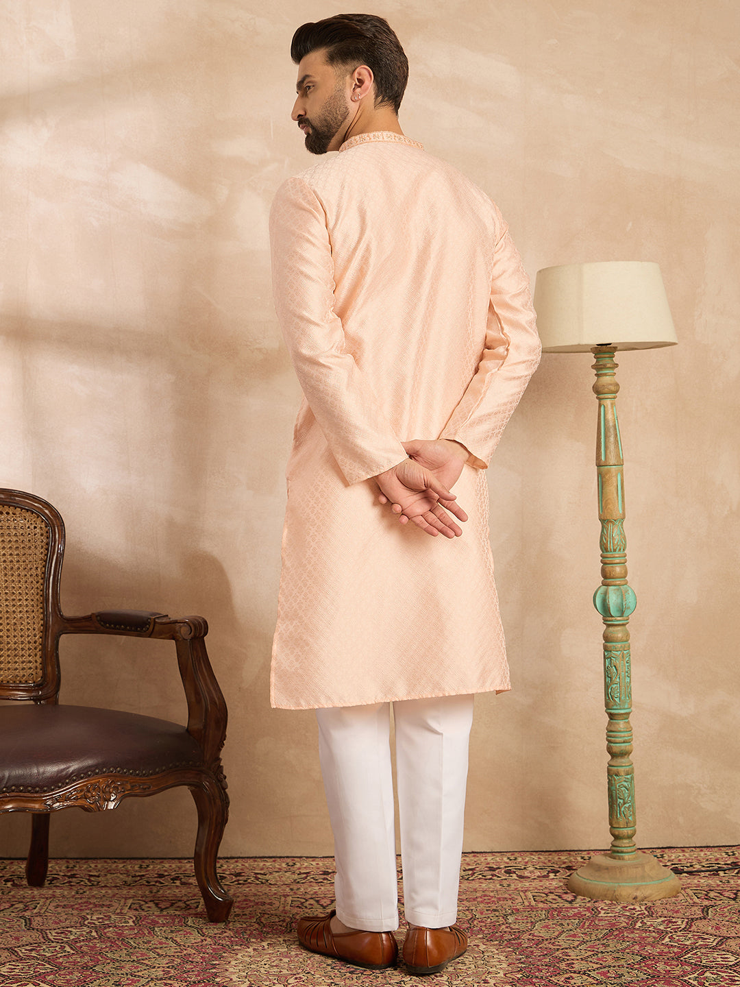 Ethnic Bay Men Peach Polyester Solid Embroidered Straight Kurta Sets