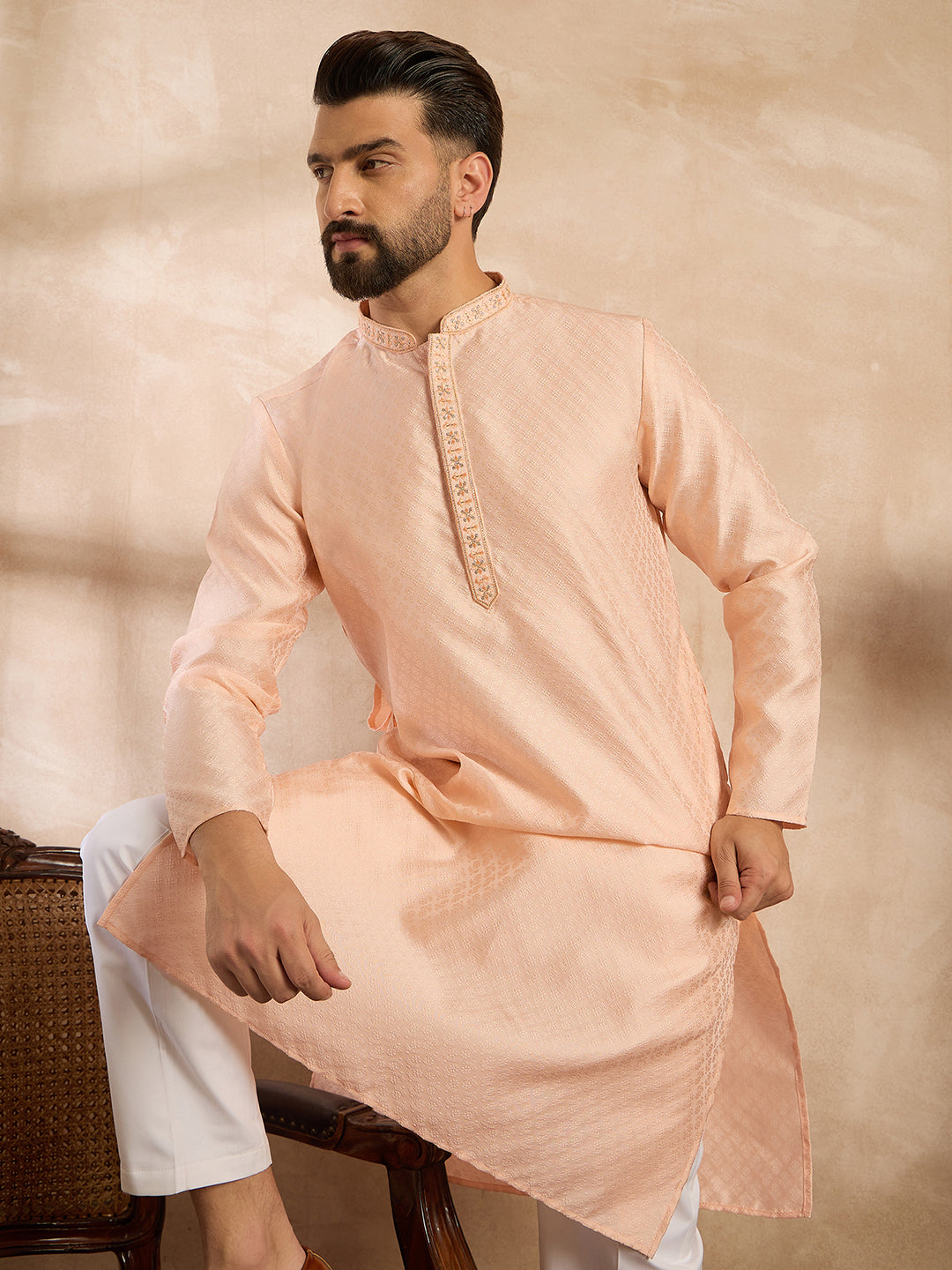 Ethnic Bay Men Peach Polyester Solid Embroidered Straight Kurta Sets