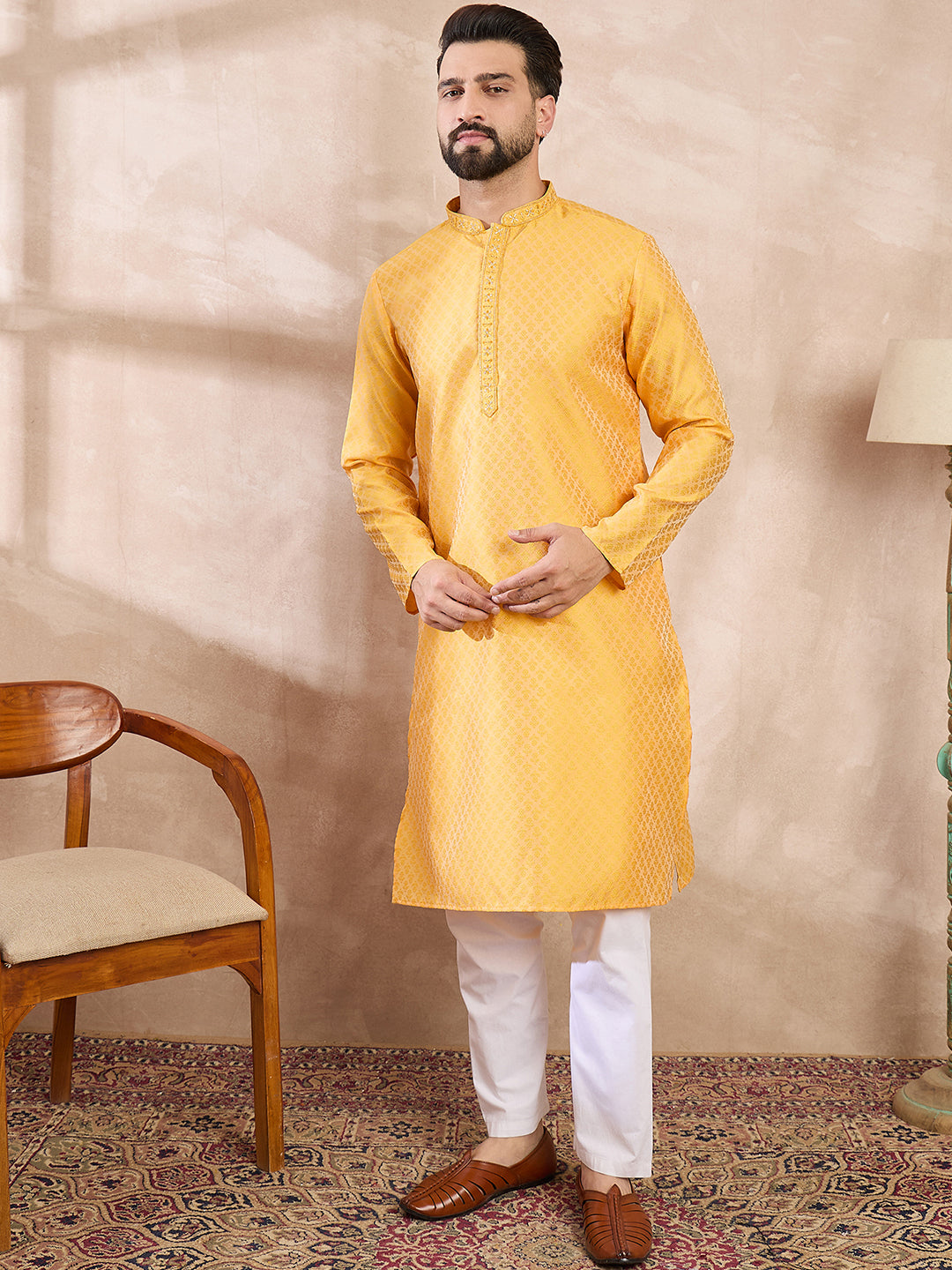 Ethnic Bay Men Yellow Silk Blend Solid Embroidered Straight Kurta With Trouser