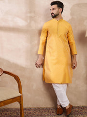 Ethnic Bay Men Yellow Silk Blend Solid Embroidered Straight Kurta With Trouser-MKSET1837