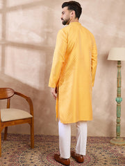 Ethnic Bay Men Yellow Silk Blend Solid Embroidered Straight Kurta With Trouser-MKSET1837