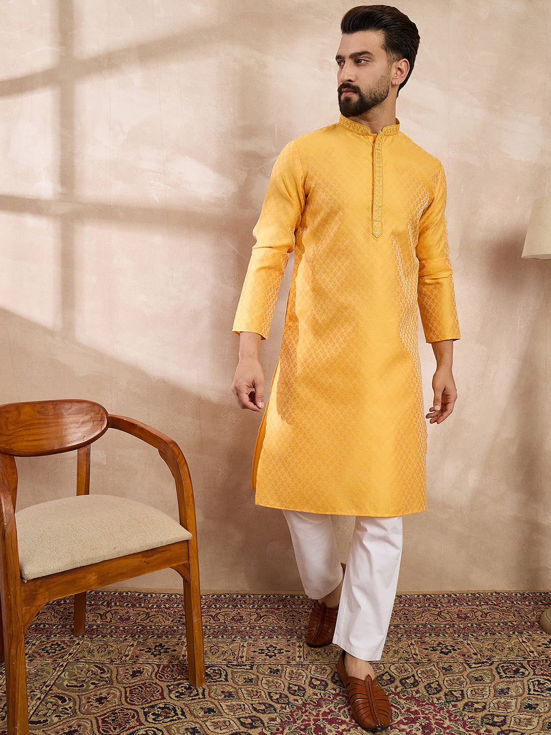 Ethnic Bay Men Yellow Silk Blend Solid Embroidered Straight Kurta With Trouser