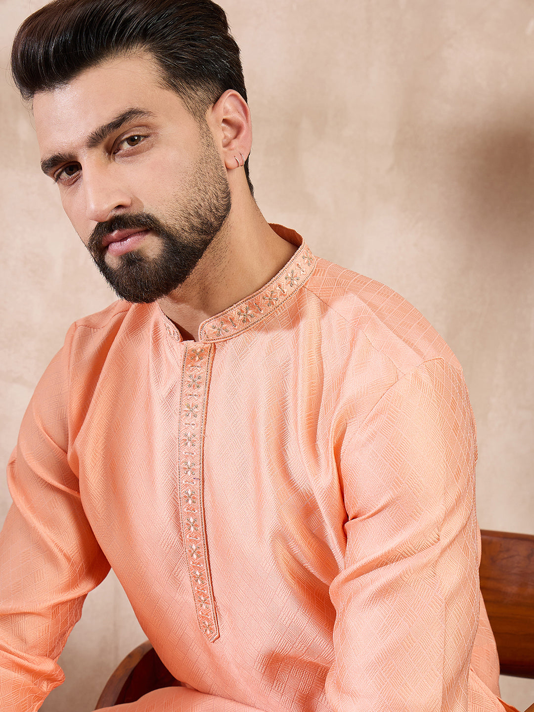 Ethnic Bay Men Peach Silk Blend Solid Embroidered Straight Kurta With Trouser-MKSET1840