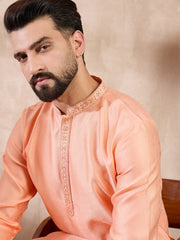 Ethnic Bay Men Peach Silk Blend Solid Embroidered Straight Kurta With Trouser-MKSET1840