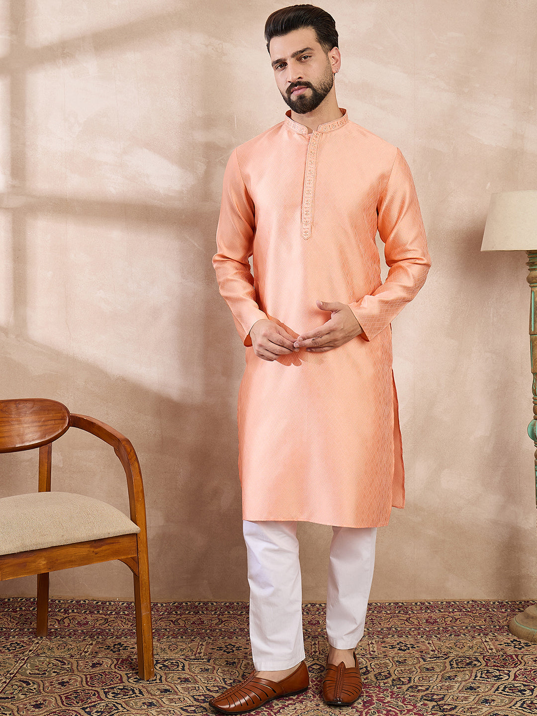 Ethnic Bay Men Peach Silk Blend Solid Embroidered Straight Kurta With Trouser