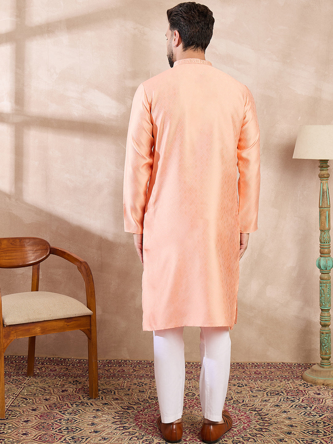 Ethnic Bay Men Peach Silk Blend Solid Embroidered Straight Kurta With Trouser