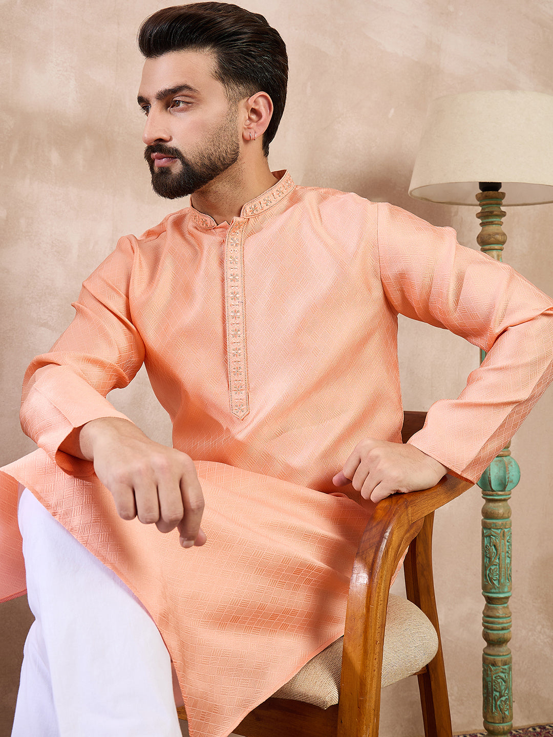Ethnic Bay Men Peach Silk Blend Solid Embroidered Straight Kurta With Trouser