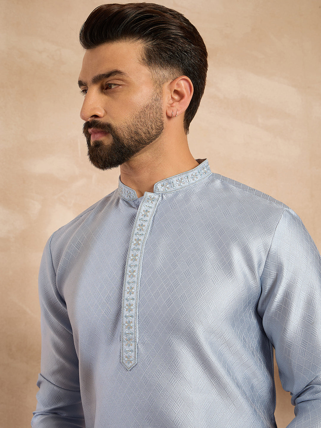 Ethnic Bay Men Blue Polyester Solid Embroidered Straight Kurta Sets