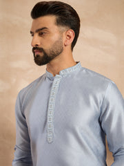 Ethnic Bay Men Blue Polyester Solid Embroidered Straight Kurta Sets-MKSET1841