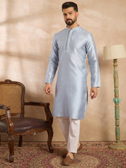 Ethnic Bay Men Blue Polyester Solid Embroidered Straight Kurta Sets-MKSET1841