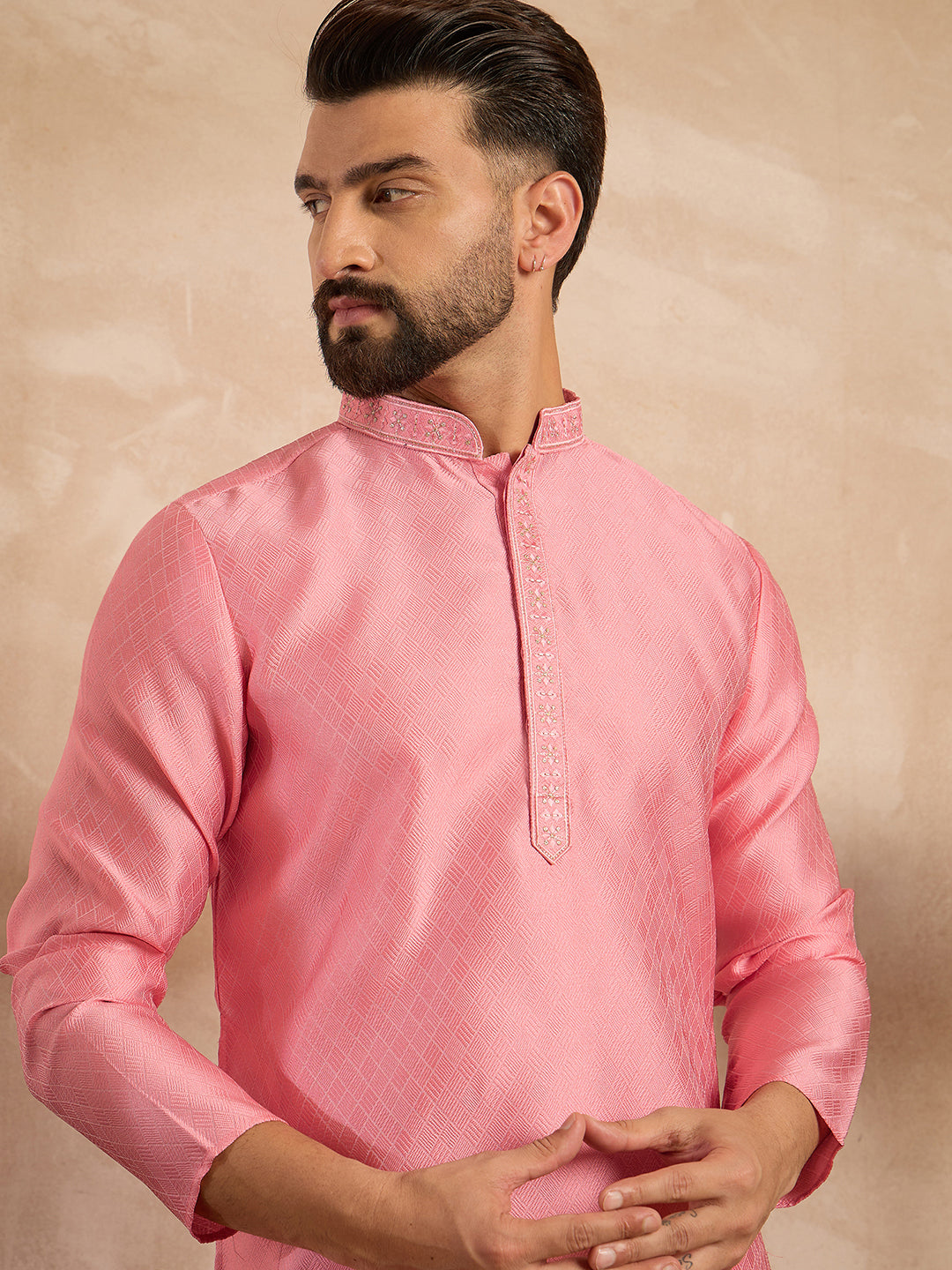 Ethnic Bay Men Pink Polyester Solid Embroidered Straight Kurta Sets