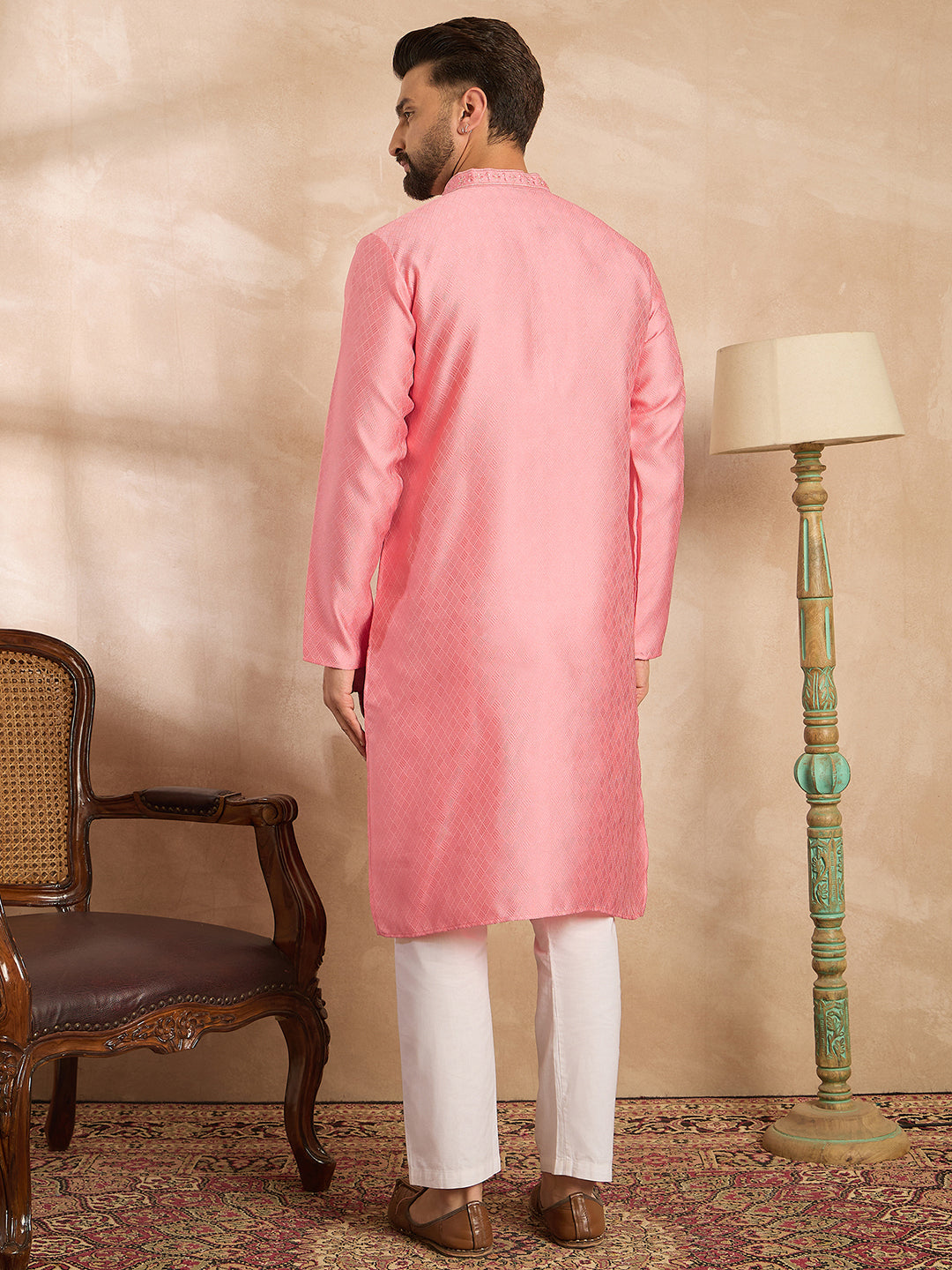 Ethnic Bay Men Pink Polyester Solid Embroidered Straight Kurta Sets