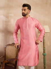 Ethnic Bay Men Pink Polyester Solid Embroidered Straight Kurta Sets-MKSET1842