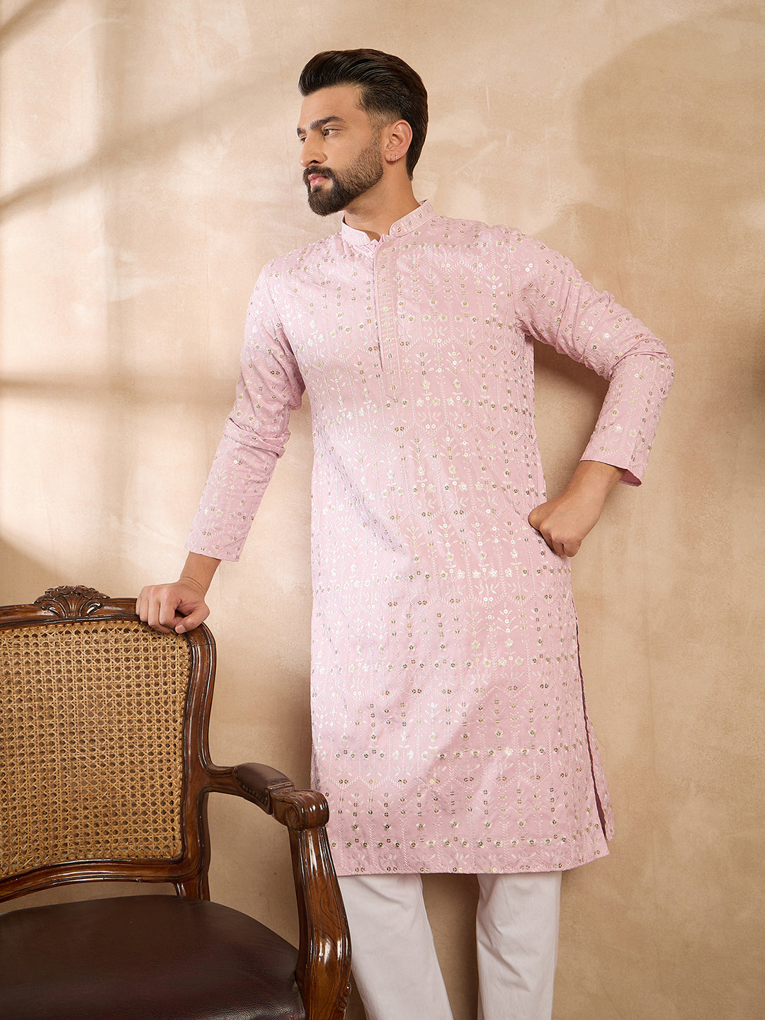 Ethnic Bay Men Pink Viscose Rayon Solid Embroidered Straight Kurta Sets