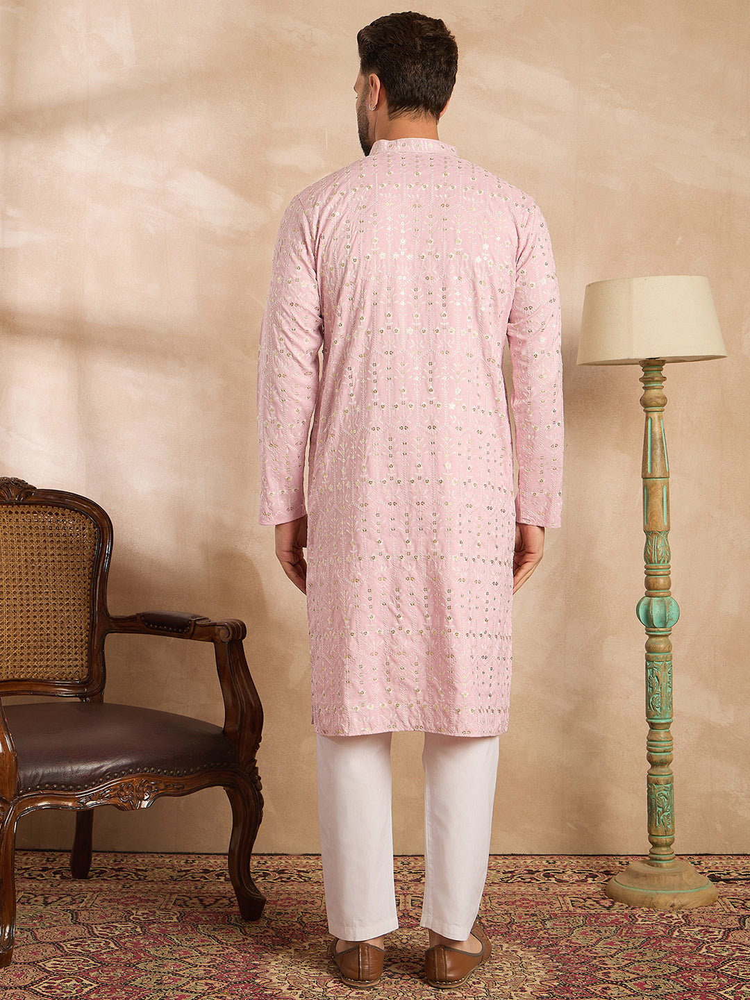 Ethnic Bay Men Pink Viscose Rayon Solid Embroidered Straight Kurta Sets