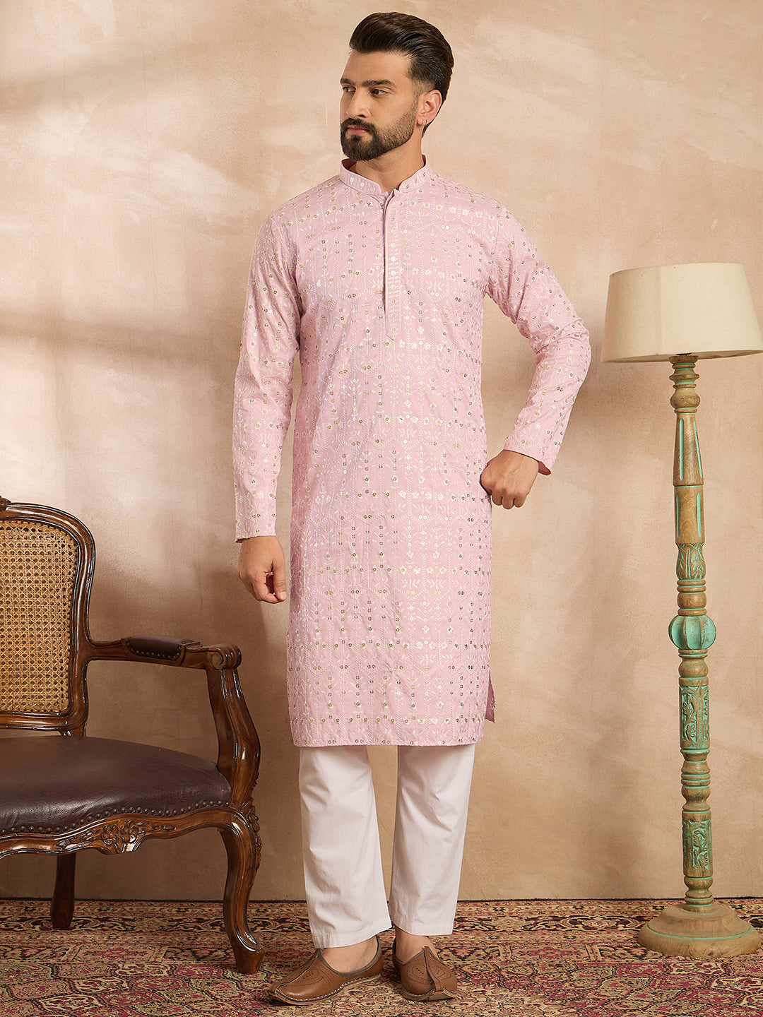 Ethnic Bay Men Pink Viscose Rayon Solid Embroidered Straight Kurta Sets