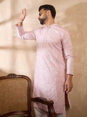 Ethnic Bay Men Pink Viscose Rayon Solid Embroidered Straight Kurta Sets-MKSET1843