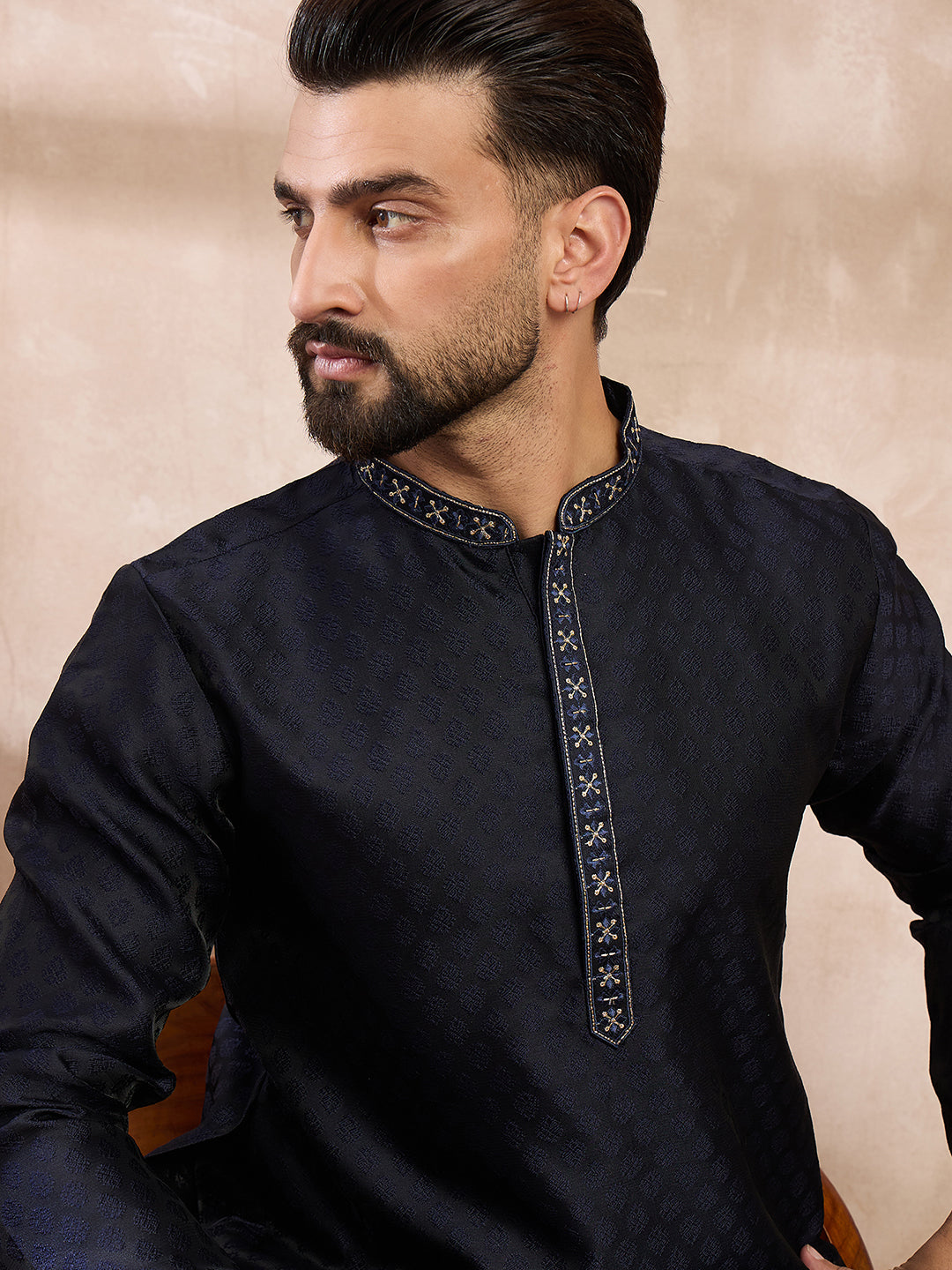 Ethnic Bay Men Navy Blue Silk Blend Solid Woven Design Straight Kurta With Trouser-MKSET1853