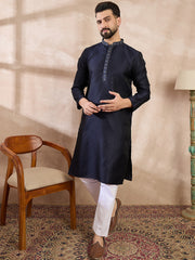 Ethnic Bay Men Navy Blue Silk Blend Solid Woven Design Straight Kurta With Trouser-MKSET1853