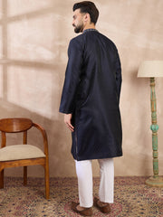 Ethnic Bay Men Navy Blue Silk Blend Solid Woven Design Straight Kurta With Trouser-MKSET1853