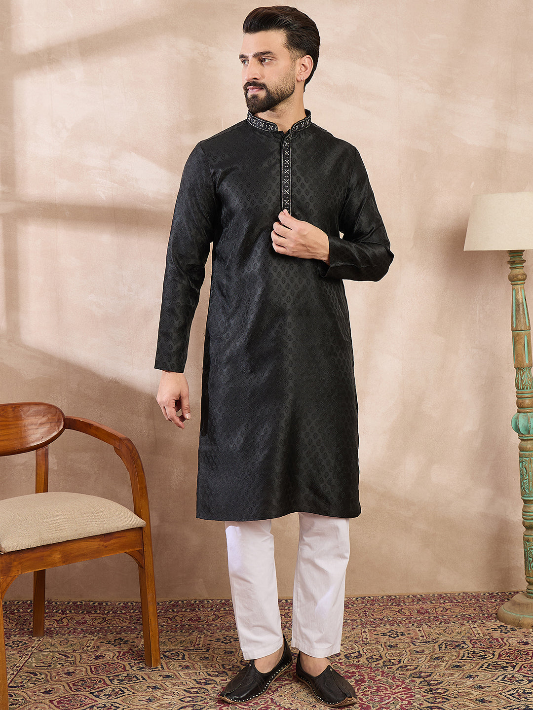 Ethnic Bay Men Black Silk Blend Solid Woven Design Straight Kurta With Trouser