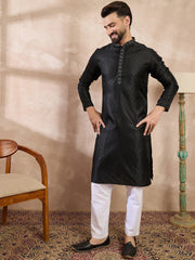 Ethnic Bay Men Black Silk Blend Solid Woven Design Straight Kurta With Trouser-MKSET1854