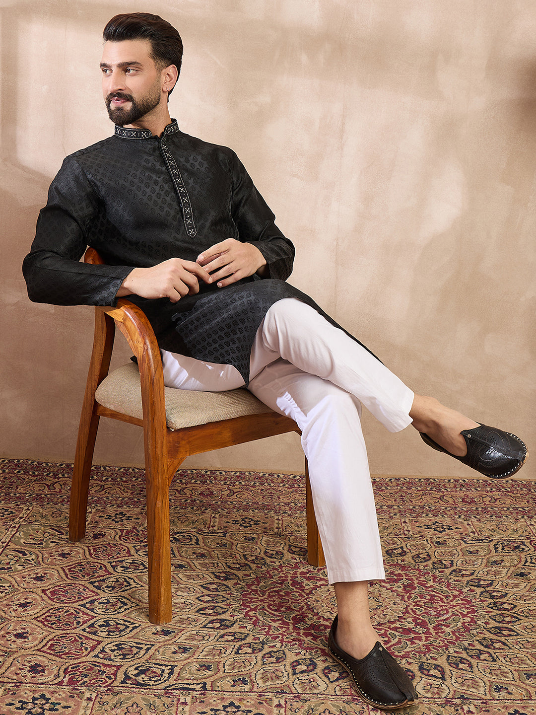 Ethnic Bay Men Black Silk Blend Solid Woven Design Straight Kurta With Trouser