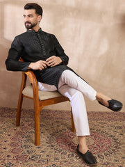 Ethnic Bay Men Black Silk Blend Solid Woven Design Straight Kurta With Trouser-MKSET1854