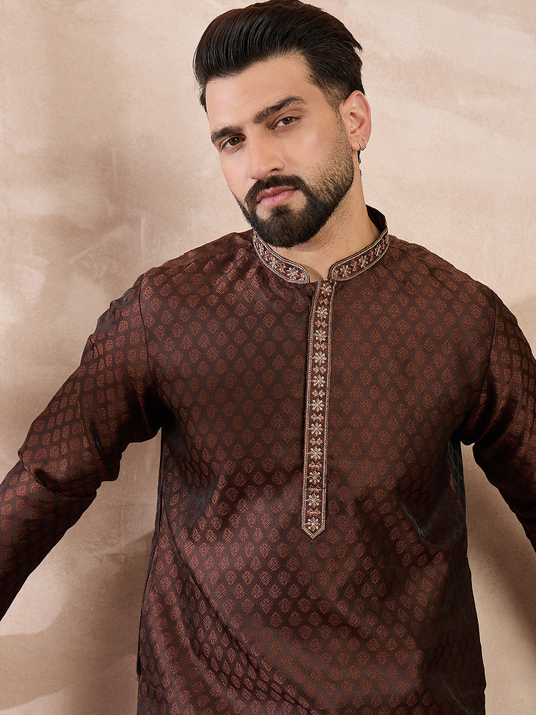 Ethnic Bay Men Brown Silk Blend Solid Woven Design Straight Kurta With Trouser-MKSET1855