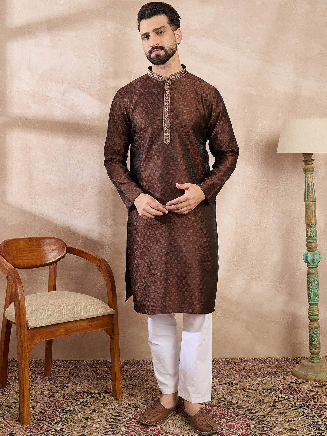 Ethnic Bay Men Brown Silk Blend Solid Woven Design Straight Kurta With Trouser