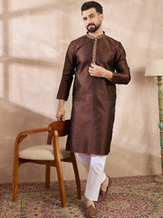 Ethnic Bay Men Brown Silk Blend Solid Woven Design Straight Kurta With Trouser-MKSET1855