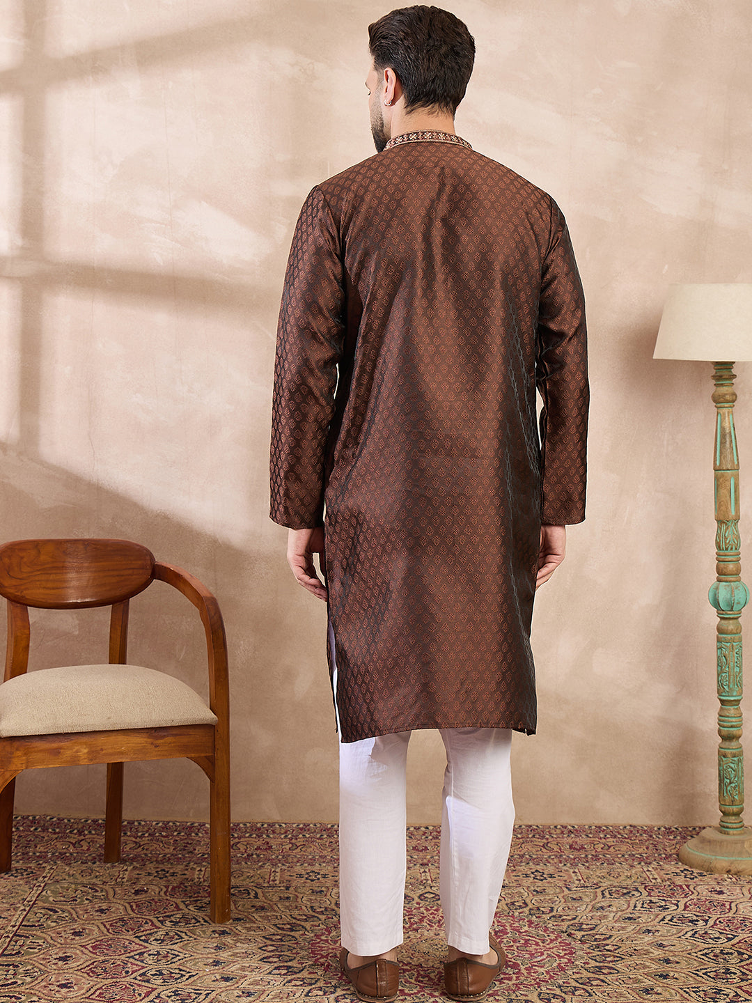Ethnic Bay Men Brown Silk Blend Solid Woven Design Straight Kurta With Trouser