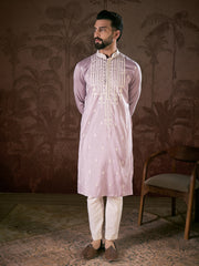 Ethnic Bay Men Lavender Silk Blend Solid Embroidered Straight Kurta With Trouser-MKSET1880