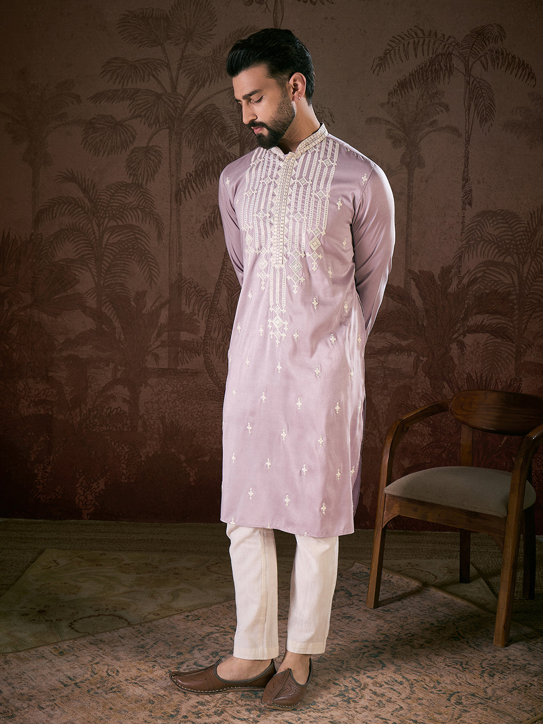 Ethnic Bay Men Lavender Silk Blend Solid Embroidered Straight Kurta With Trouser