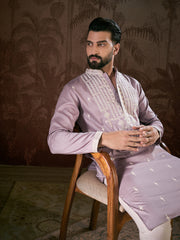 Ethnic Bay Men Lavender Silk Blend Solid Embroidered Straight Kurta With Trouser-MKSET1880